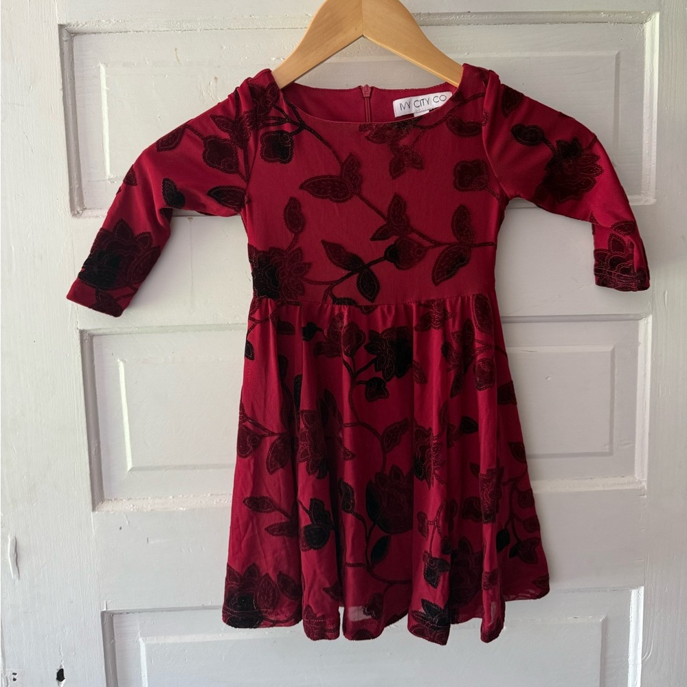 Ivy City Co Red Long Sleeve Crew Neck Floral Velvet Dress
